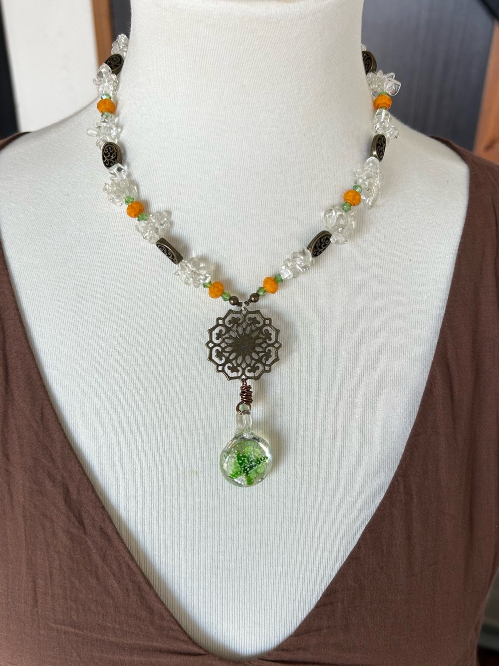 Green & Amber Glass Pendant Necklace with Filigree Accent